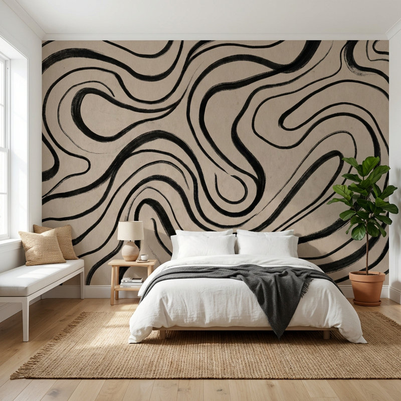 Papier peint abstrait lignes noires ondulées, 120"x96", Peler et coller