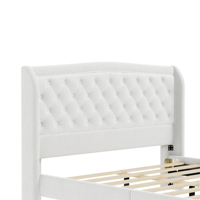 Structure de lit tapissier en velours pour grand lit, structure de lit plate-forme de lit-bateau touffeté à boutons avec tête et pied de lit courbés, support à lattes de bois, aucun sommier nécessaire, beige