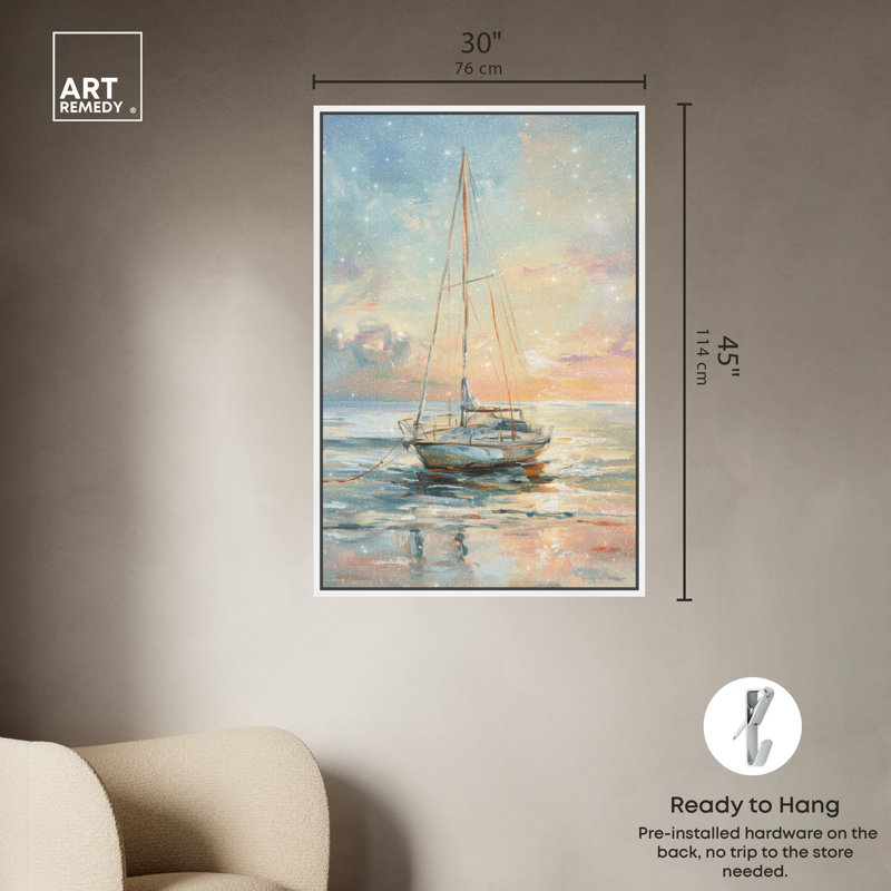 Bateau sur le rivage, Cadre blanc, H 46 po x l 31 po