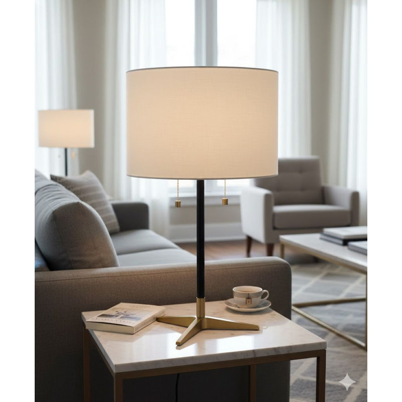 Duffield 1 Light Black and Gold Table Lamp With White Shade, Antique Brass/Black
