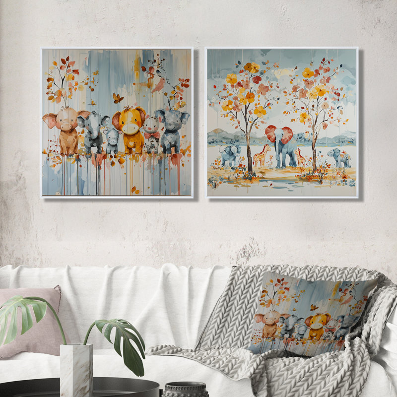 Nursery Orange Animal Parade I - Nursery's Wall Art - Nursery Wall Art Decor Set 2 Piece, 30" H x 61" W, Floater Framed Print