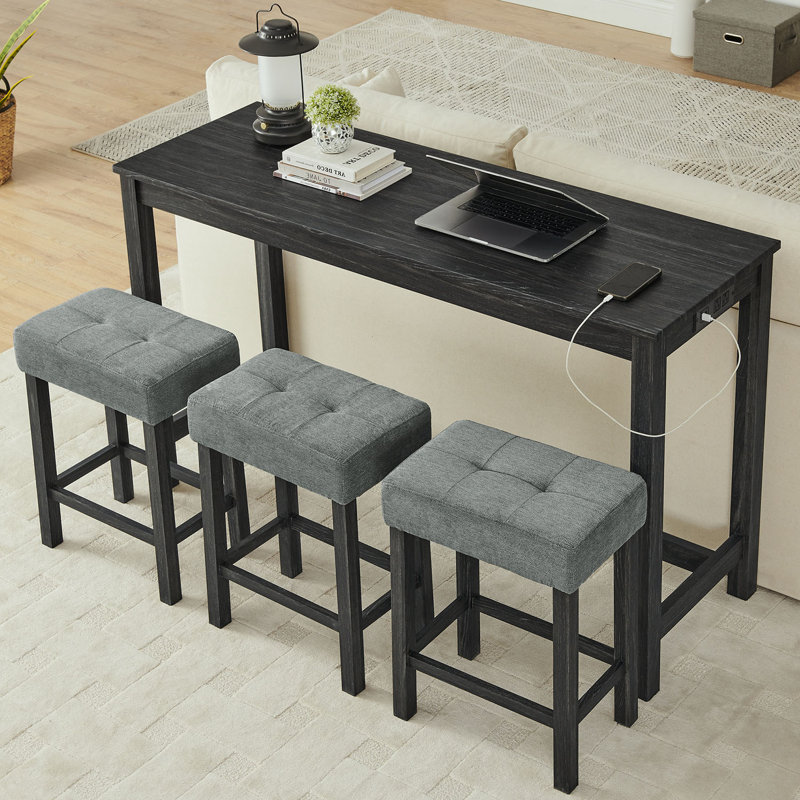 59" W Bar Table Set With Power Outlet, 3 Cushioned Stools, Black