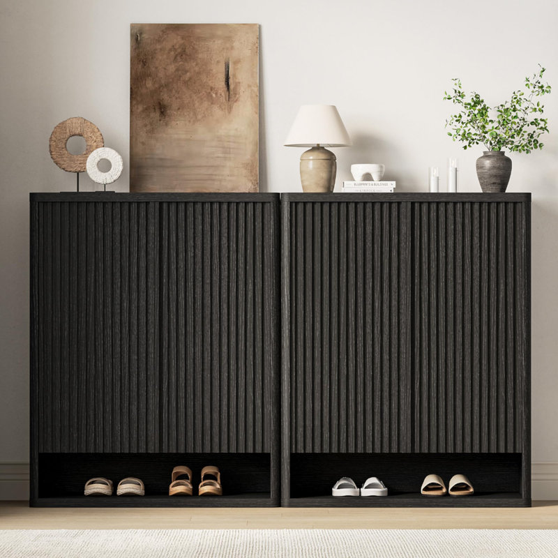 Ensemble de 2 range-chaussures cannelés, rangement en bois avec tablettes réglables, Noir