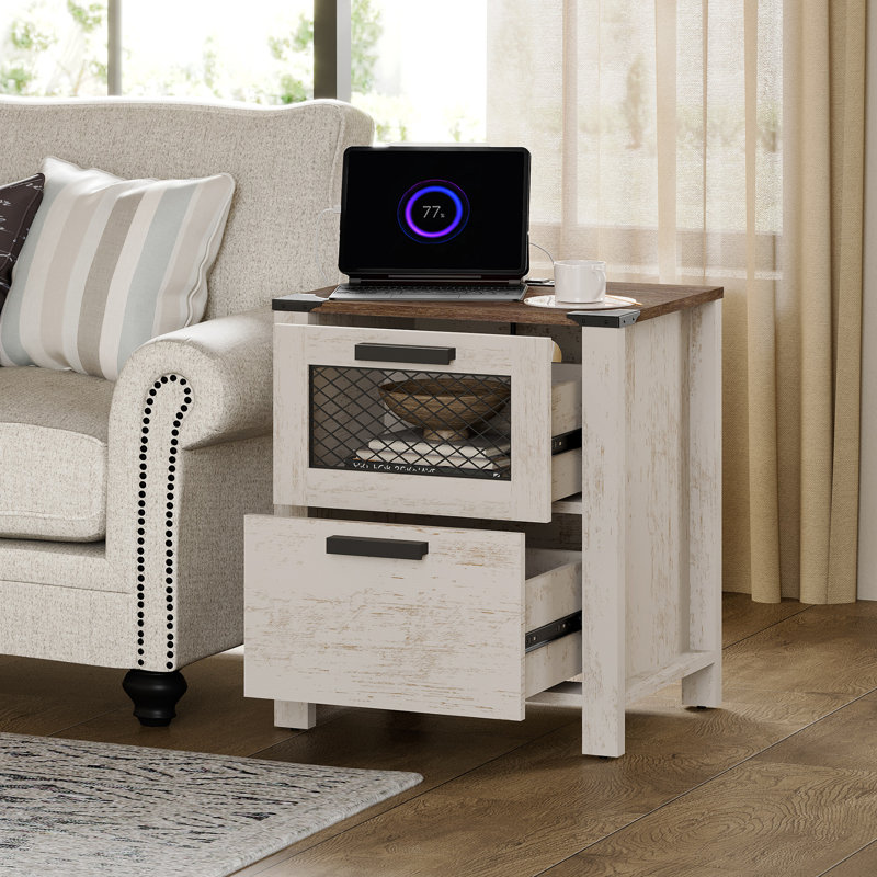 Ensemble de 2 tables de chevet avec station de charge, table de bout de ferme avec 2 tiroirs, table de chevet avec canapé rustique pour la chambre à coucher et le salon