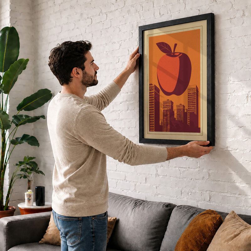 Apple Over City Retro - Framed Print, A2 - 59.4 x 42.0 cm, Black
