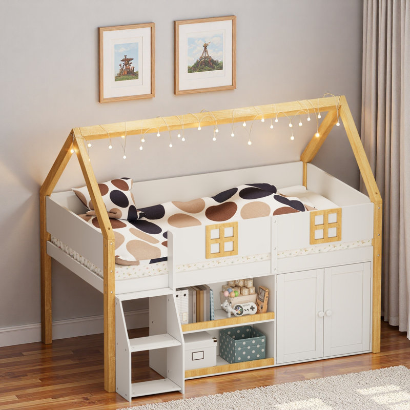 Lit mezzanine bas avec tablettes, armoires et lumières à DEL, Lit simple