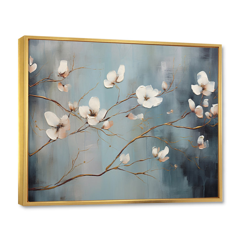 «Grey Blossoming Silhouettes - Abstract Botanicals», impressions sur toile, H 16 po x l 32 po x P 1 po, Cadre flottant doré