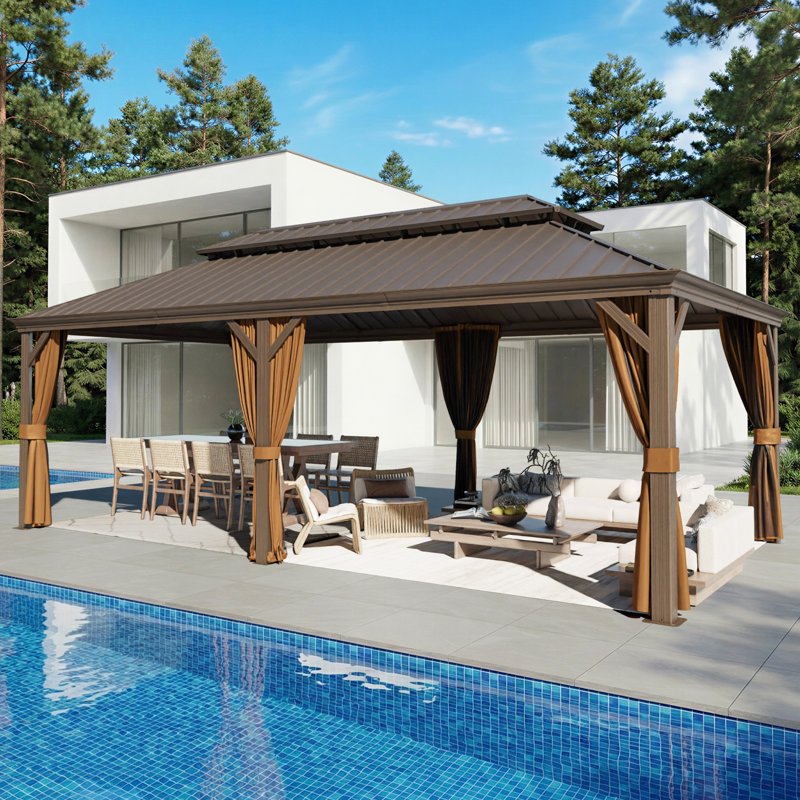 22 pi. L 12 pi. D Pavillon de jardin extérieur en aluminium avec toit double couche, rideaux et moustiquaire