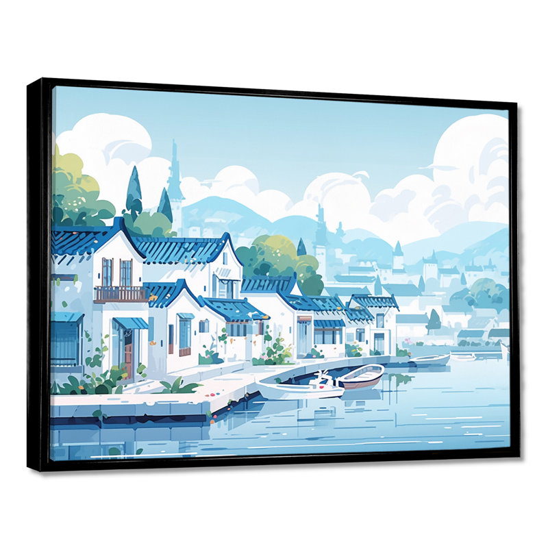 Blanc blanc, bord de mer, village d'été, aquarelle, Cadre flottant noir, H 12 po x l 20 po