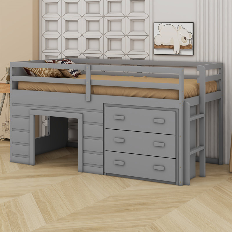 Lit mezzanine avec tiroirs et tablette, Gris