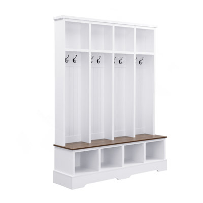 Farmhouse 59"W Wide Hall Tree With 8 Hooks, Practical Entryway Bench With Open Compartments, 76.7"H Modern 3-In-1 Wooden Style Coat And Shoe Rack For Mudroom, Living Room, White