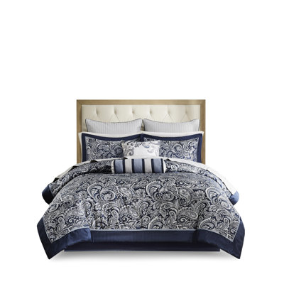 Édredon bleu marine 12 pièces, draps 100% coton chauds, motif cachemire élégant, 2 taies décoratives assorties, coussins décoratifs, jupe de lit, motif moderne douillet,