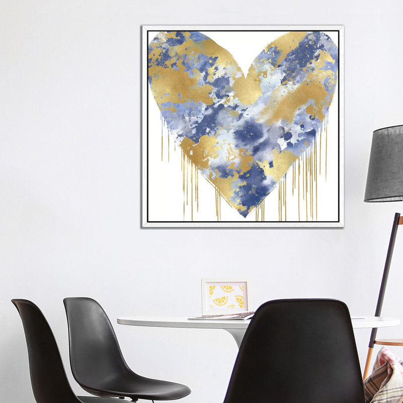 Big Hearted Blue And Gold by Lindsay Rodgers - Print on Canvas, White Framed, 93.98cm H x 93.98cm W x 3.81cm D
