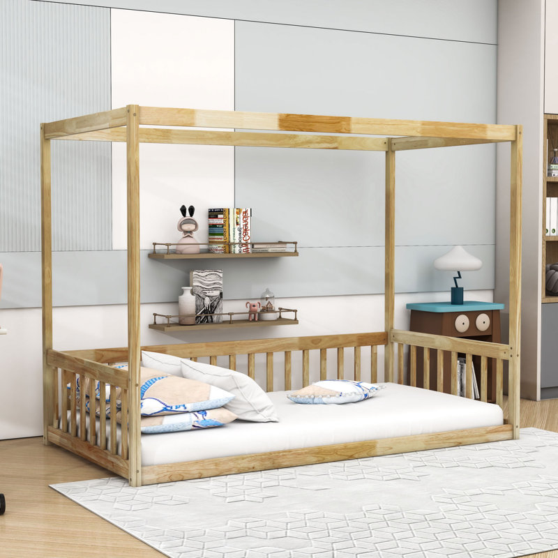 Wooden Canopy Floor Bed With Fence, Natural, Twin