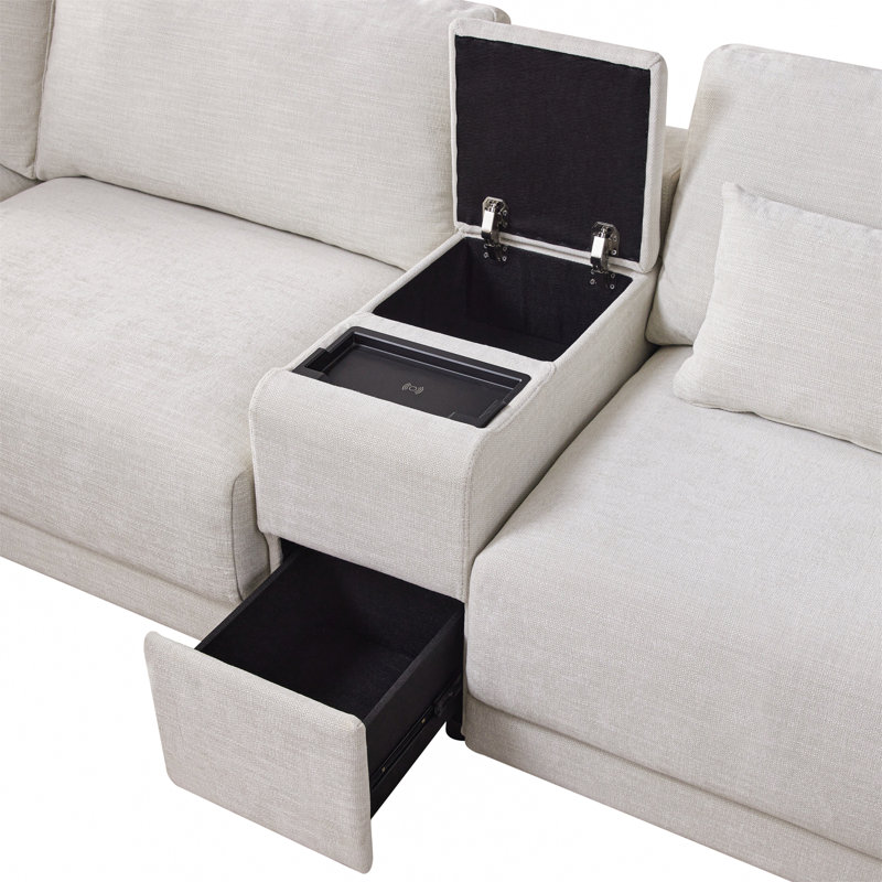 124" Chenile Sectional Modular Couch With With Storage Console And Movable Ottoman,Convertible L Shaped Sofa Couch With USB Charger For Living Room