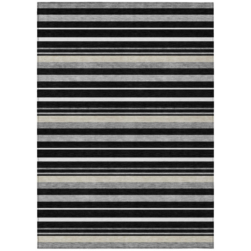Tapis extérieur lavable rayé noir ivoire et gris 10 pi x 14 pi
