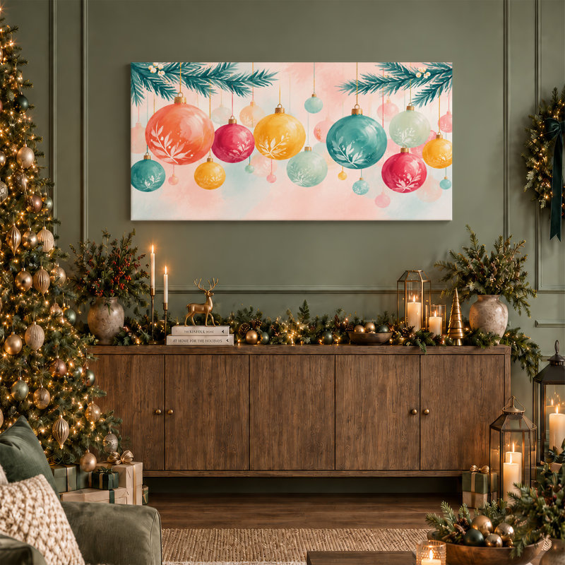 Aquarelle de boules suspendues à des branches de pin, art mural de Noël, L 40 po x H 20 po