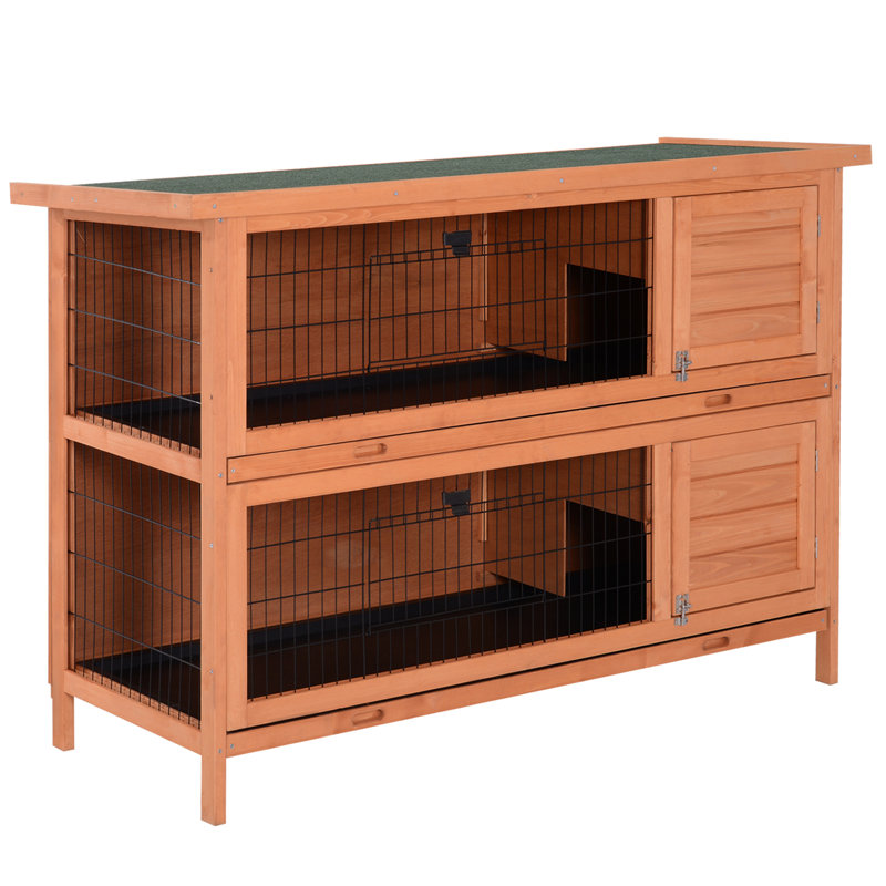 Maison pour animaux de compagnie 54 po à 2 niveaux - en bois avec portes verrouillables, toit imperméable et plateau anti-fuites pour l'extérieur intérieur, abri à lapin orange 2