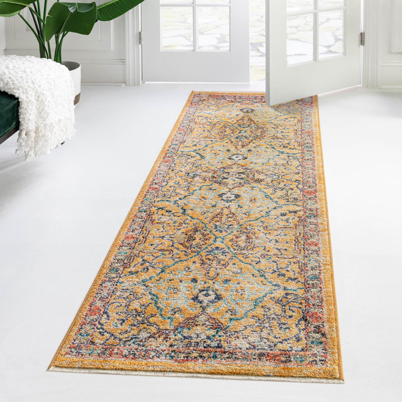 Tapis jaune / bleu / rouge Indigo, Tapis de couloir 2 pi 7 po x 10 pi 2 po