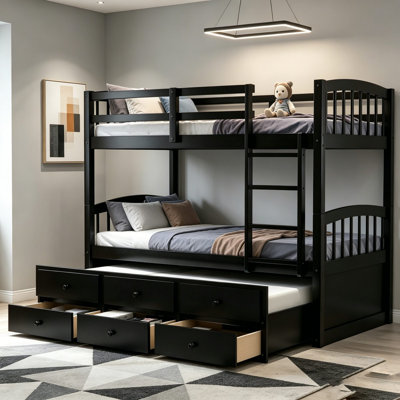 Twin Over Twin Bunk Bed With Trundle and 3 Drawers