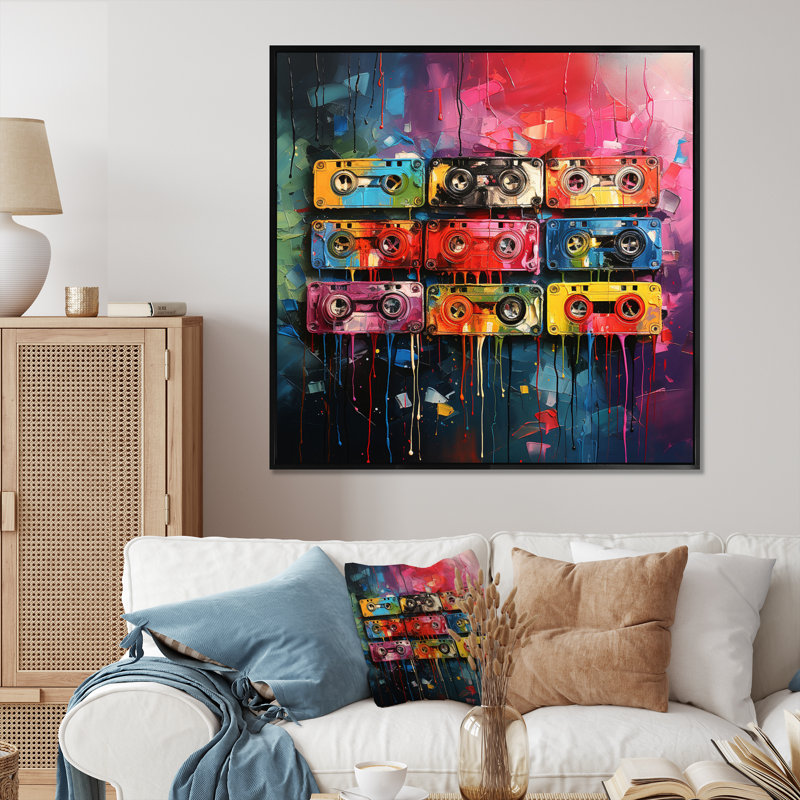 " Cassette Tapes Tangled Tunes III ", Black Floater Framed, 36" H x 36" W x 1.5" D