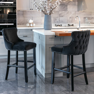 Bouton en velours avec pieds en bois et garniture cloutée - 2 chaises de bar noires Sw1824bk de 2 décoration contemporaine, pieds, loisirs (noir