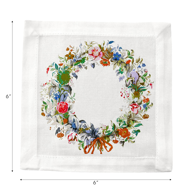 Wreath Flowers Hemstitch Cocktail 6" Linen/Cotton Napkin, Orange