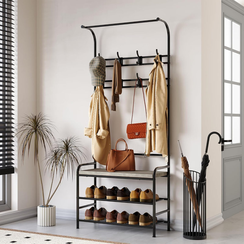 4-in-1 Hall Tree with Bench, 8-Hook Coat Rack & Shoe Storage for Entryway, Small Spaces & Apartments, Gray