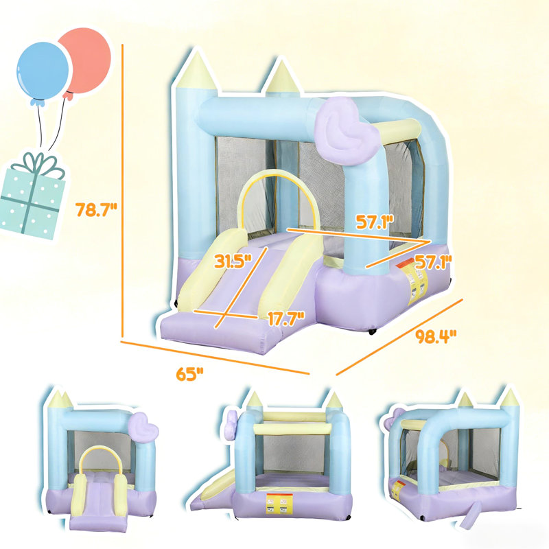 Jeu gonflable gonflable avec glissade excitante, tissu 420D / 840D multicolore, zone de saut spacieuse pour deux personnes, rampes sur six piquets, stabilité rapide, gonflage en 2 minutes