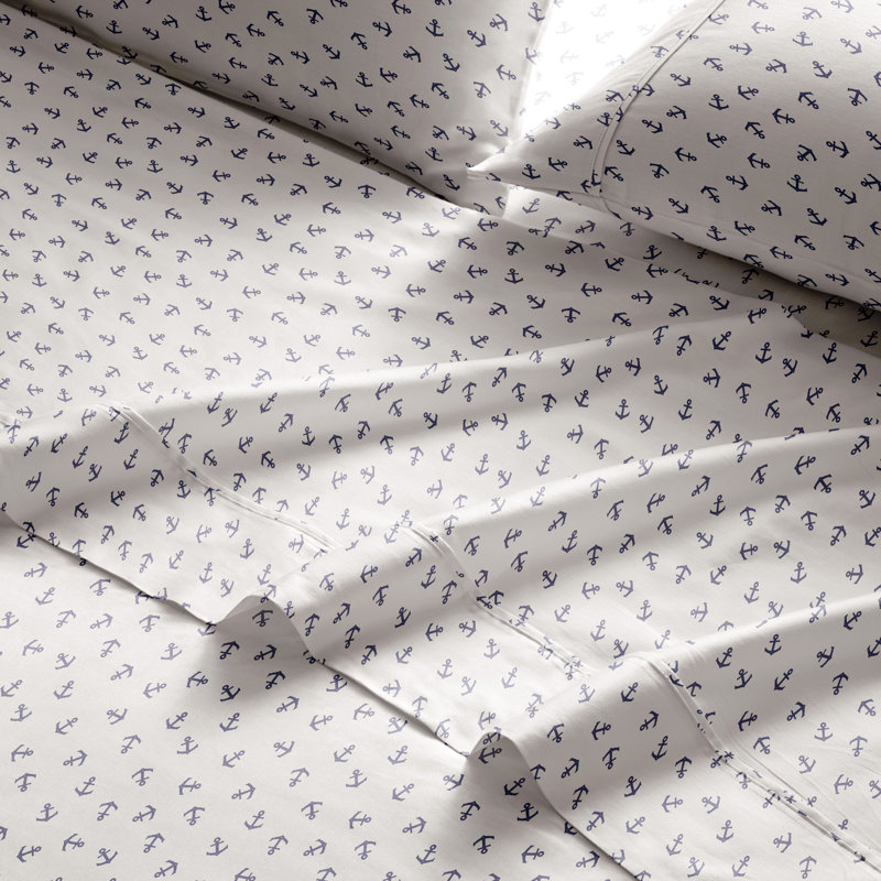 Full Size Blue Cotton Percale Sheet Set with Floral Print