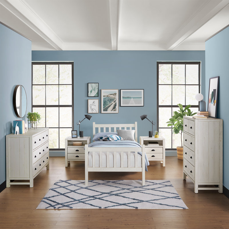 Ensemble de chambre à coucher 5 pièces Windsor avec lit simple à lattes, commode 5 tiroirs et commode 6 tiroirs Windsor