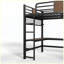 Lit mezzanine double noir et brun avec bureau en L, lumières DEL, ports USB et rangement