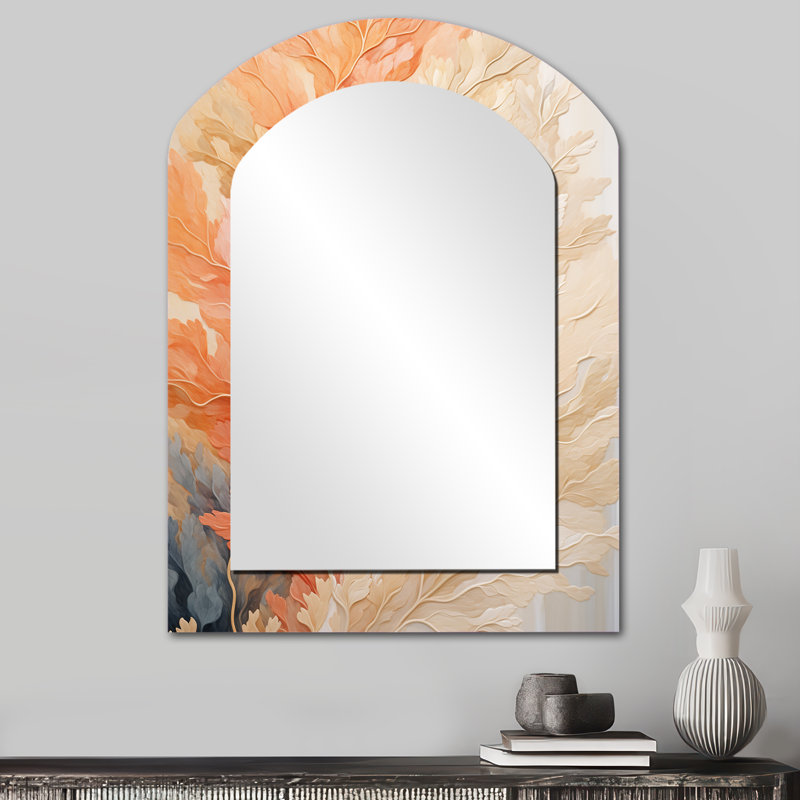 «Pink and White Coastal Coral Collage VI», miroir décoratif arqué Corals, miroir mural asymétrique crème, impression sur métal