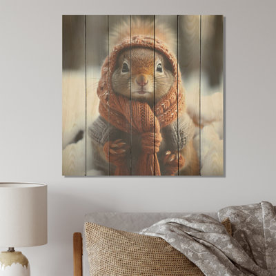 Dressed Squirrel In Morning Snow II - Squirrel Animal On Wood Print