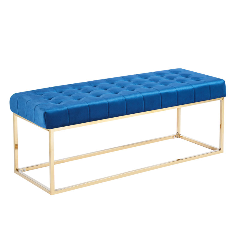 Banc en velours capitonné Greydi avec pieds en chrome doré, Bleu