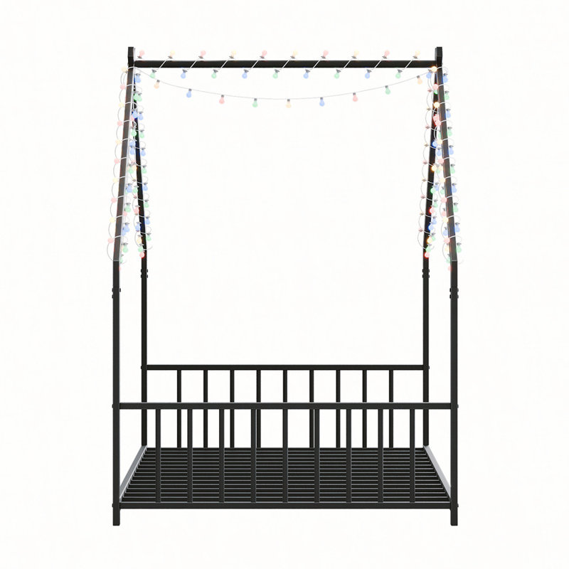 Children's Bed Frame with LED Light Strips, Sturdy Roof-Shaped Iron Frame for Safe and Fun Sleeping, Black, Twin