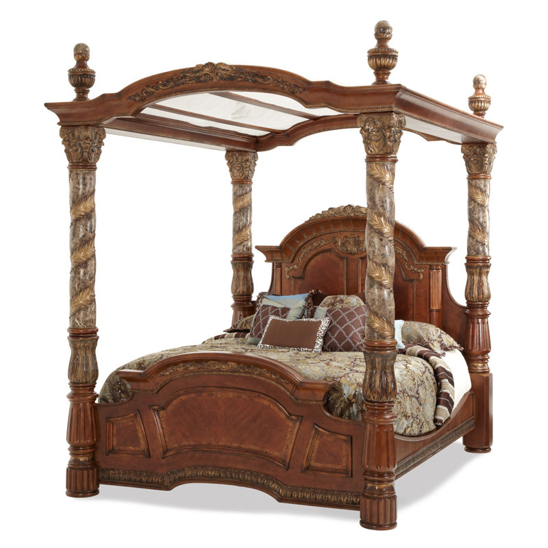 Villa Valencia Traditional Brown Wood California King Canopy Bed