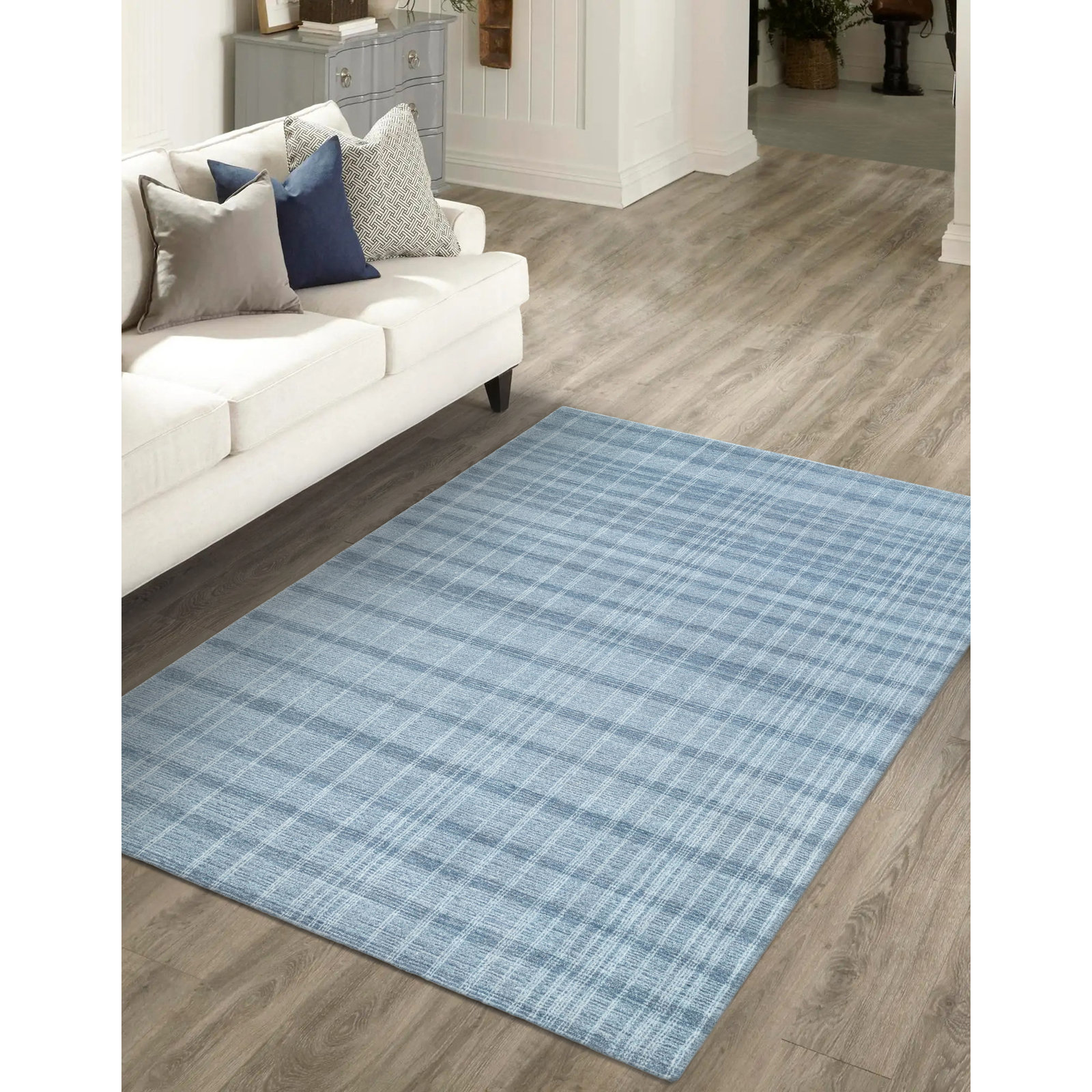 Sanura Blue Hand-Tufted Plaid Wool Rug, Rectangle 6' x 9'