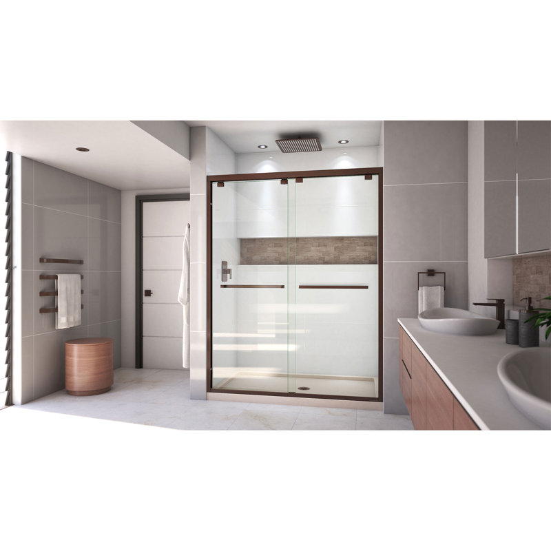 Encore 78.75" H Semi-frameless Sliding Shower Enclosure, Oil Rubbed Bronze/Biscuit, Center
