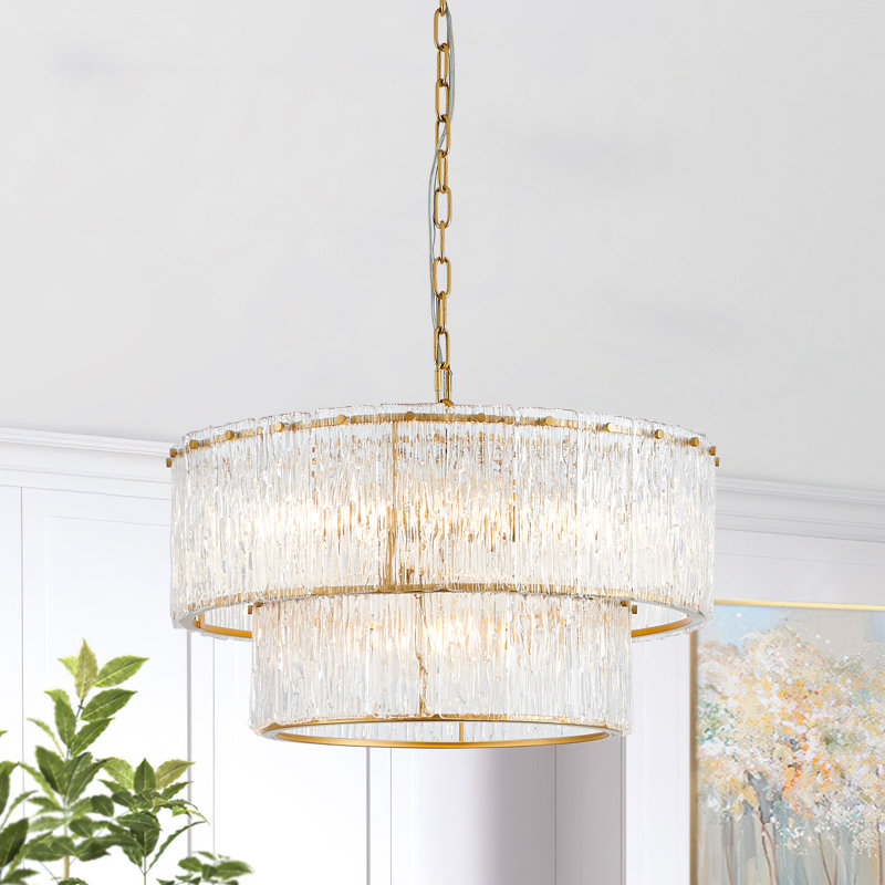 5/8 Light Gold 2-tiered Glass Adjustable Chandelier, 14.25" H x 24.37" W x 24.37" D, 5 Lights