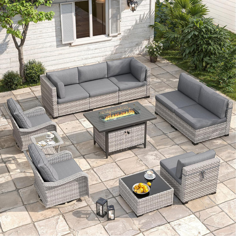 8 - Person Outdoor Rattan Furniture Patio Set with Fire Pit Table, Black