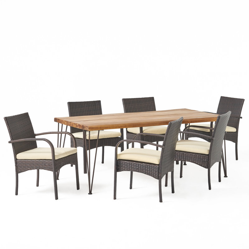 6 - Person Acacia Wicker Patio Dining Set with Rectangular Table , Cushions Included