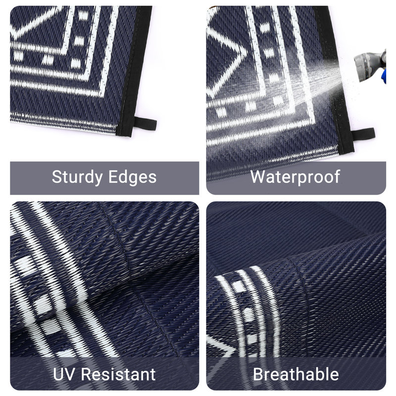 Outdoor Rug Modern Bordered Geometric Rug Waterproof Reversible Plastic Straw Rug for Patio Camping RV Balcony Backyard