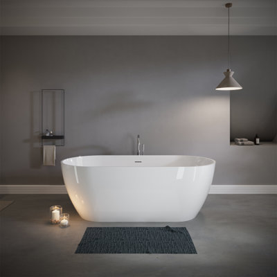 Baignoire autoportante de 63 po à surface solide, baignoire de trempage autoportante en résine d'ingénierie de luxe avec trop-plein et bonde escamotable pour salle de bain contemporaine