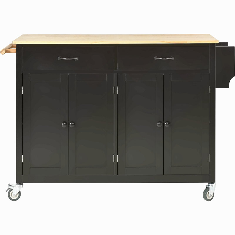 Chariot pour îlot de cuisine avec plateau en bois massif et roues verrouillables, largeur de 54,3 pouces, armoire à 4 portes et deux tiroirs, support à épices, porte-serviettes