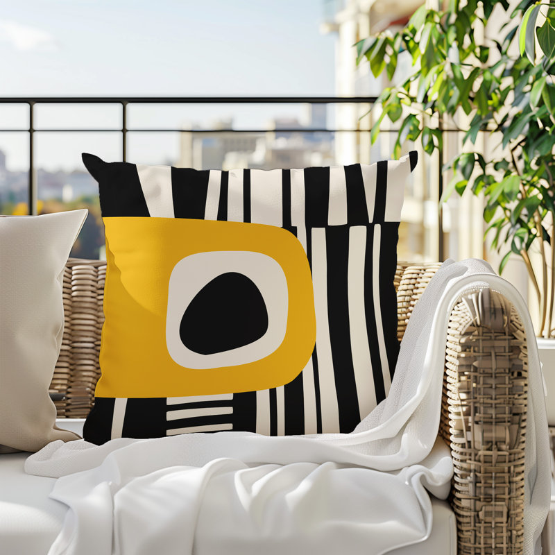 Oreiller carré réversible intérieur / extérieur Jina, H 19 po x l 19 po, Jaune / noir / blanc cassé abstrait