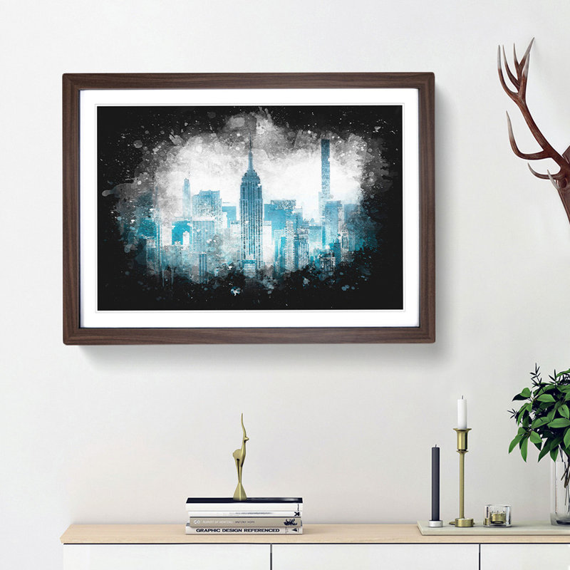Manhattan New York Skyline - Picture Frame Graphic Art Print, 33cm H x 45cm W x 2cm D, Walnut Framed