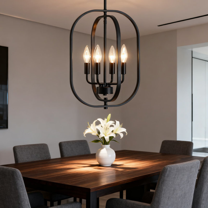 Luminaire suspendu lustre moderne avec cadre en métal géométrique, douille E12 à 4 lumières pour la salle à manger, la cuisine, l'entrée, le couloir de la chambre à coucher