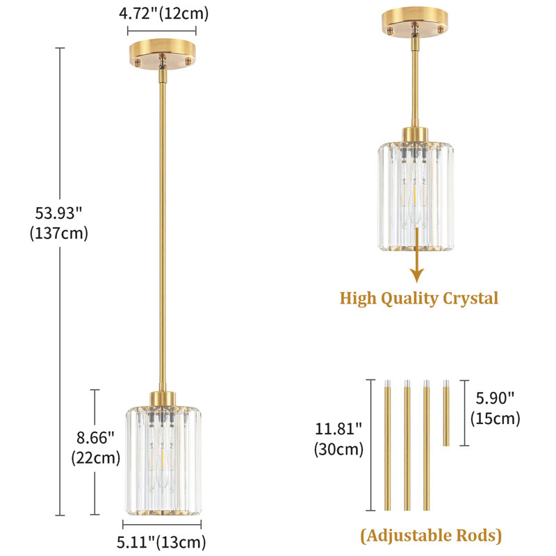 Bette 1-Light Modern Crystal Single Pendant Light With Adjustable Height, Brushed Gold