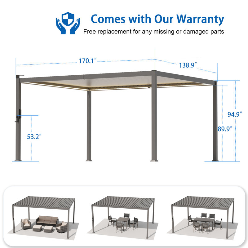 LED Louvered Pergola,Outdoor Pergola with LED Strip Lights, Adjustable Roof Metal Pergola for Patio & Garden, 12 ft x 14 ft